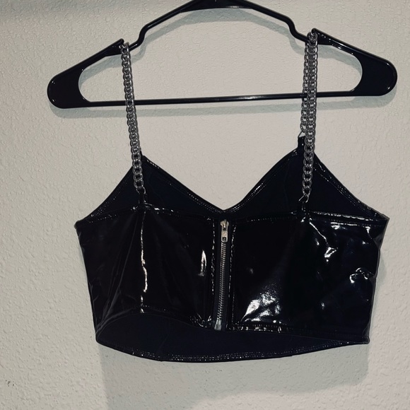 Women Faux Patent Leather Vest Bustier Crop Tops Punk Strap Shiny Zip Chain - Picture 2 of 4